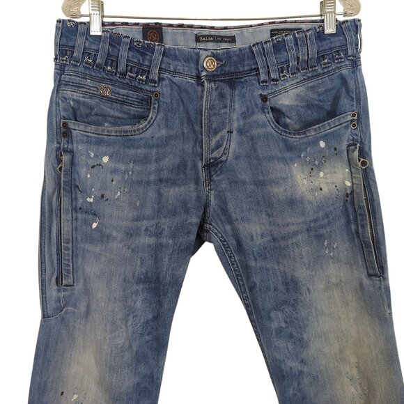 Salsa Jeans Men’s W33 L32 Blue Distressed Paint Splatter Slim Fit Button Fly - Picture 3 of 16